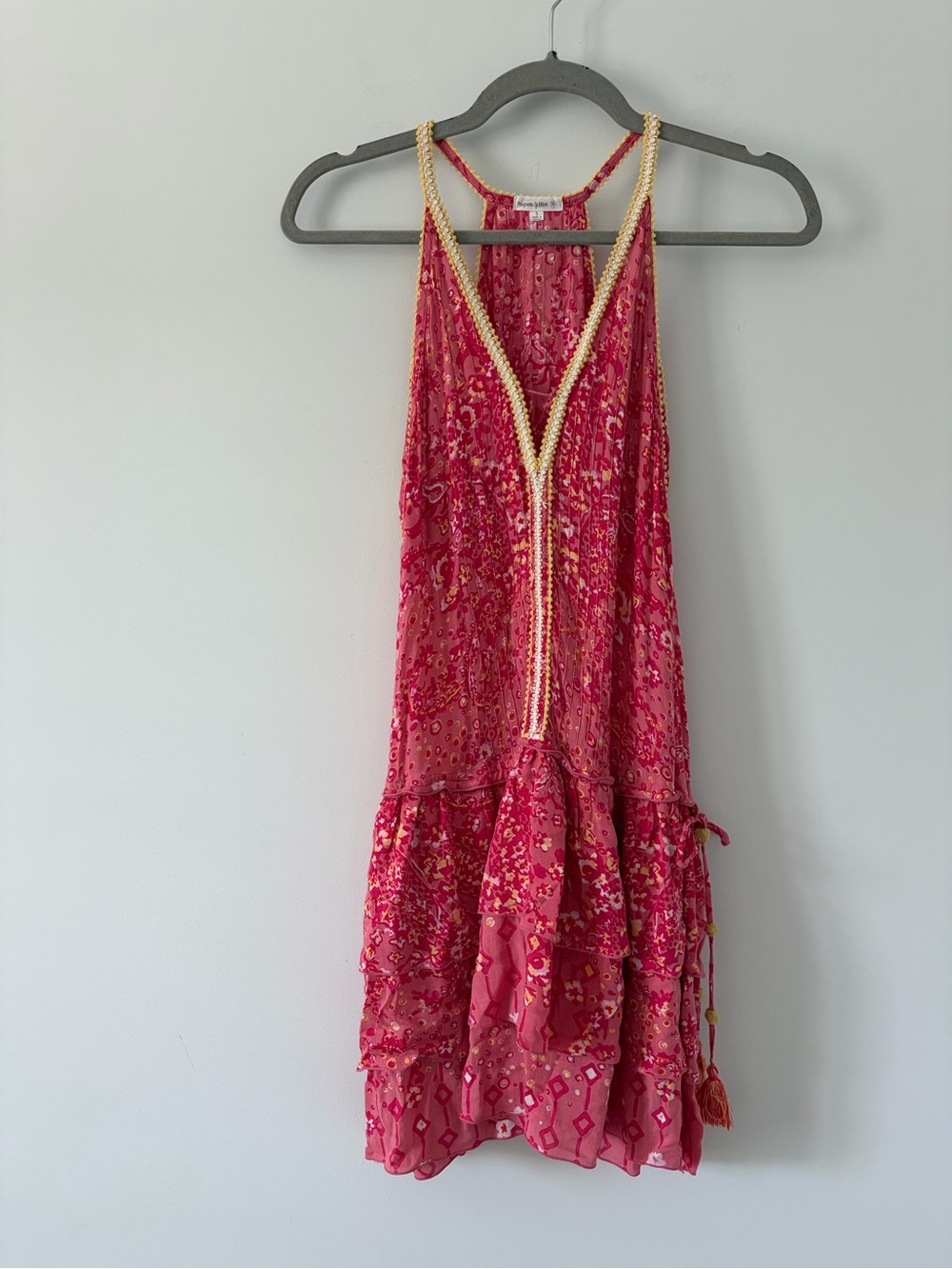 Poupette St. Barth Pink Yellow Betty Floral Sleeveless Tiered Ruffle Mini Dress